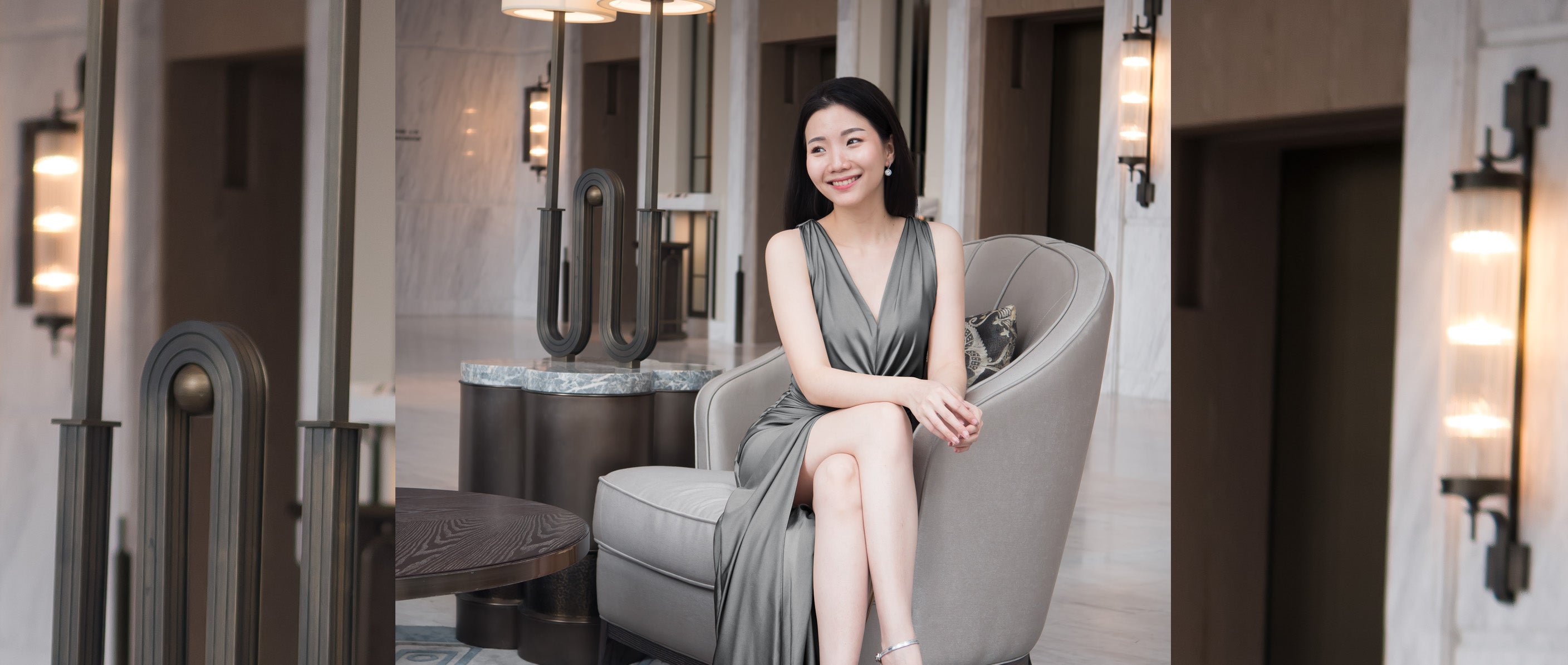 model wearing dark gray spandex v neck evening dress