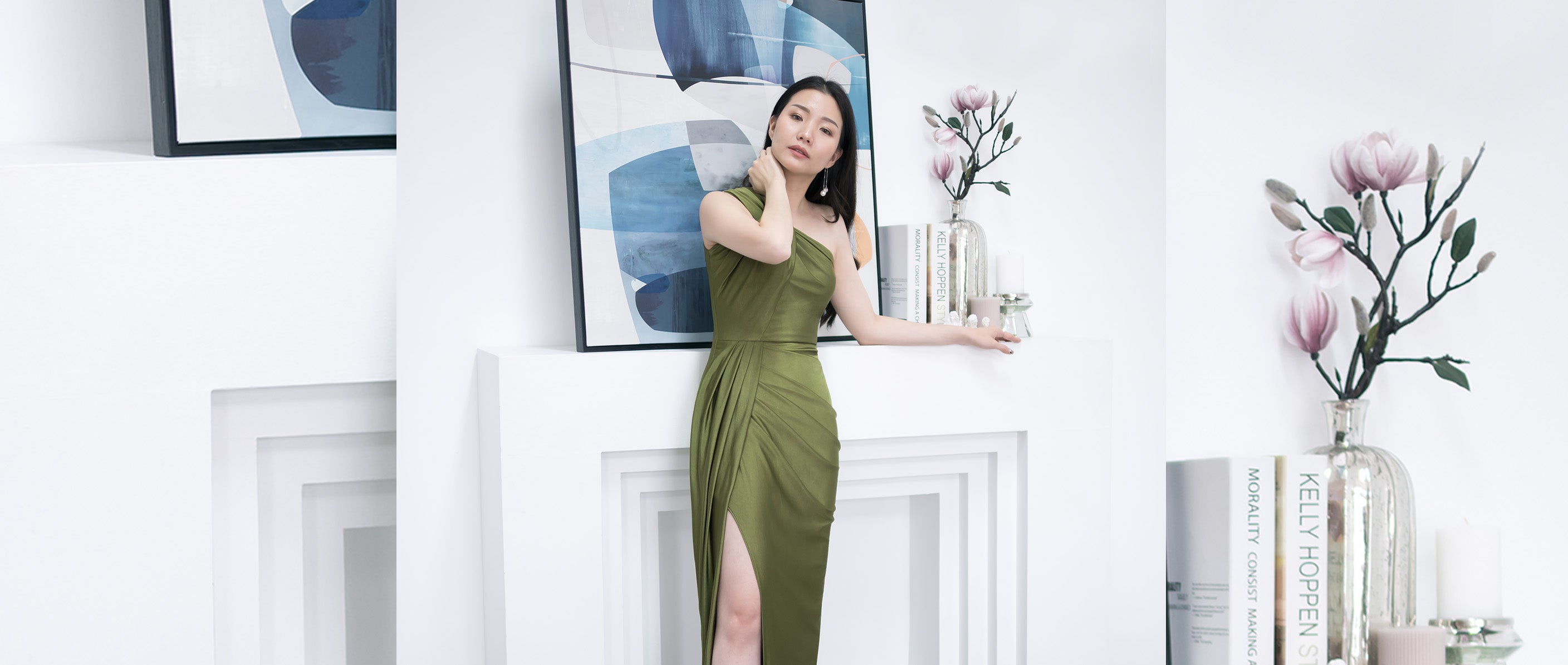 model wearing a dark olive one shoulder evening dress