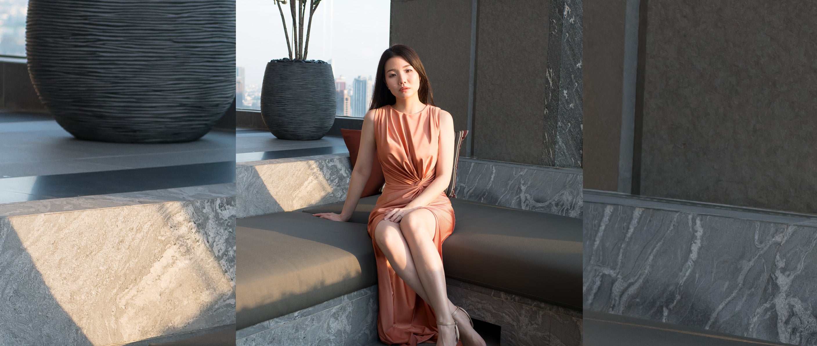 female model wearing a rose gold spandex evening dress