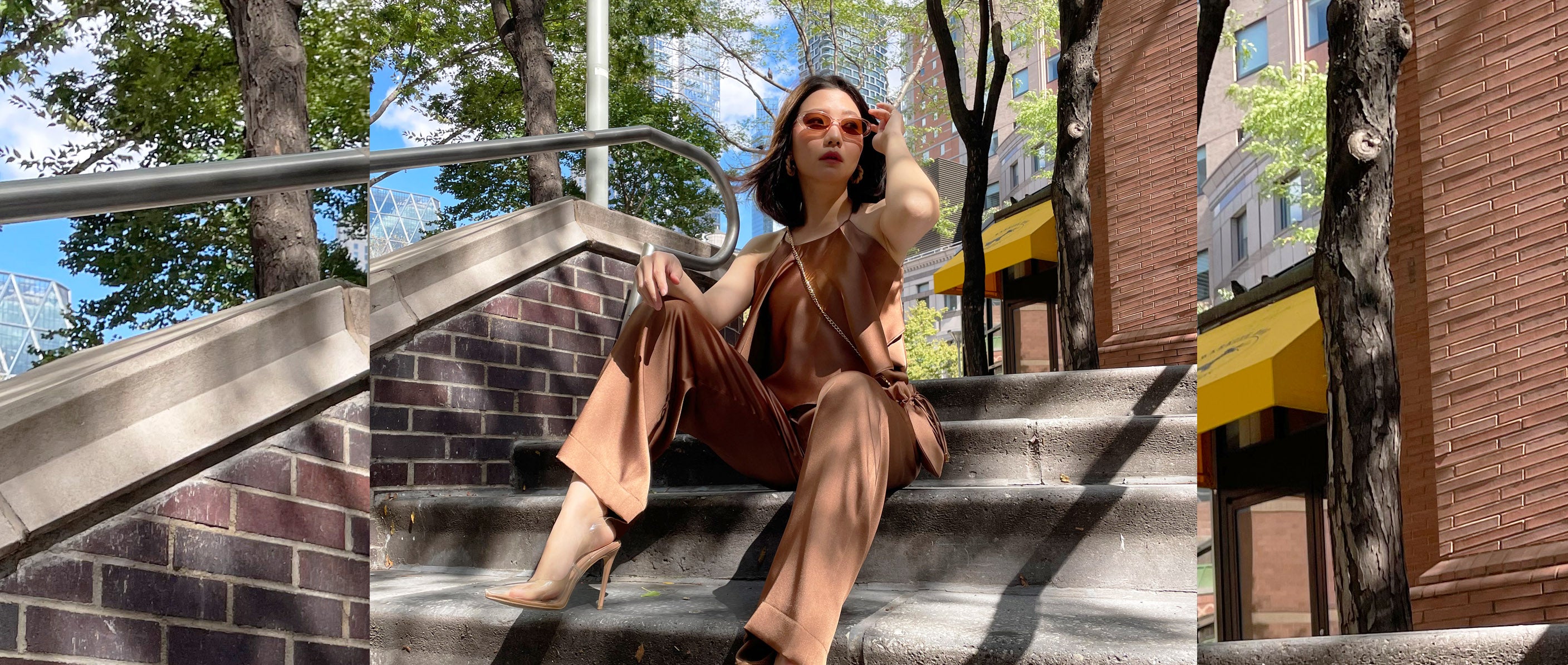 model wearing a sleeveless to with matching brown  pants
