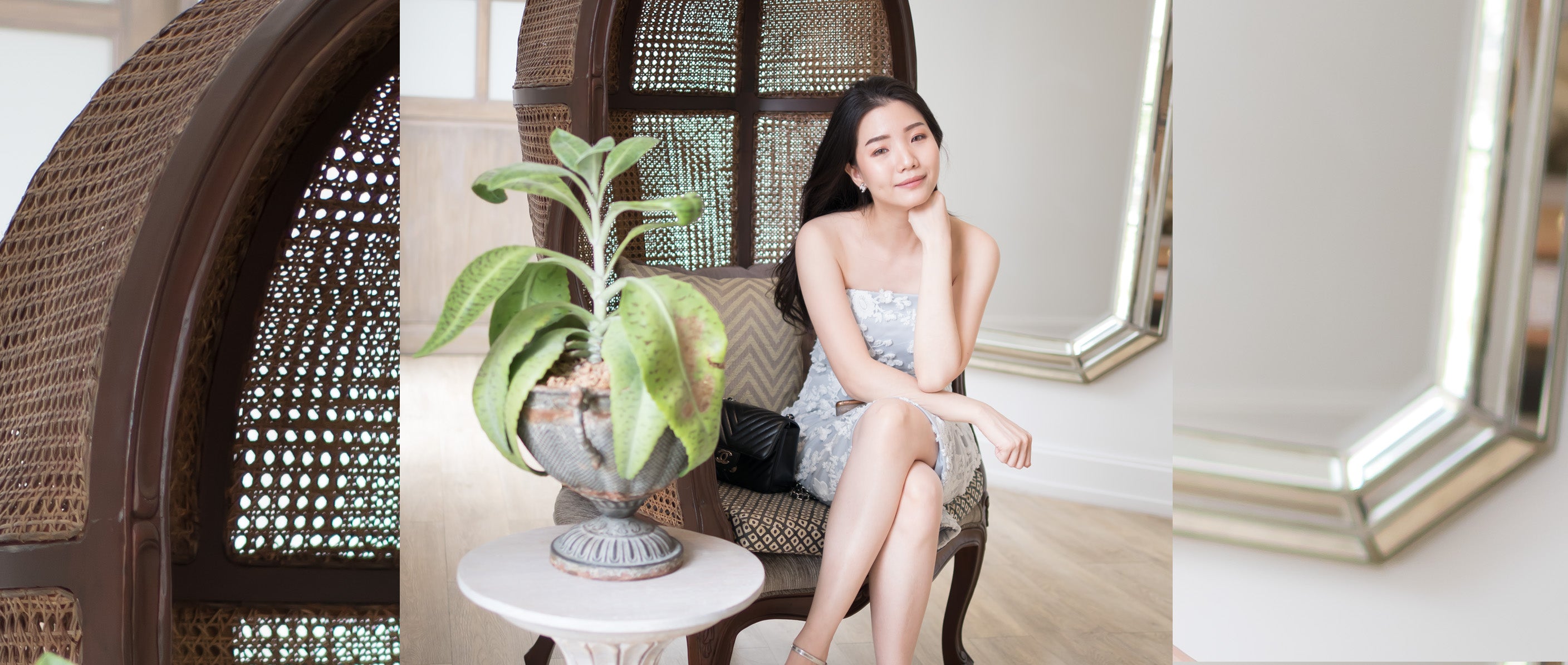model wearing grey short strapless floral lace dress