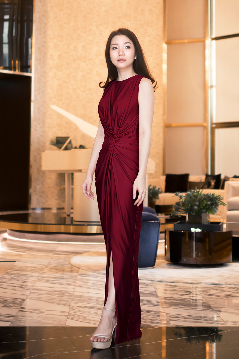 model in burgundy boat neck spandex bridesmaid dress