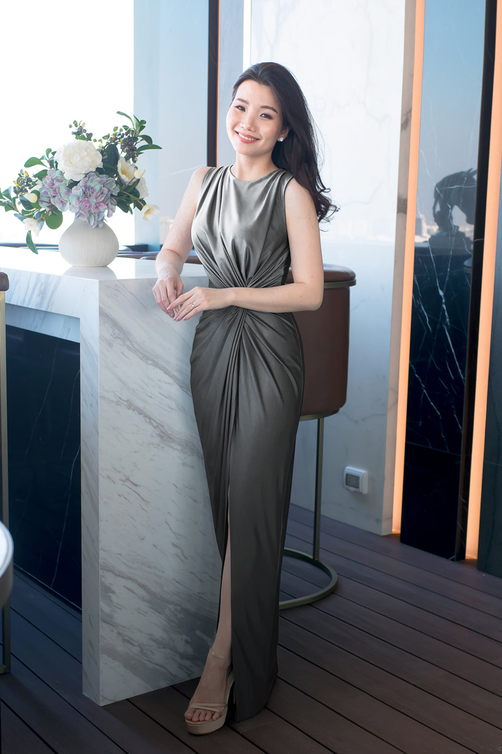 model in dark gray boat neck spandex event dress