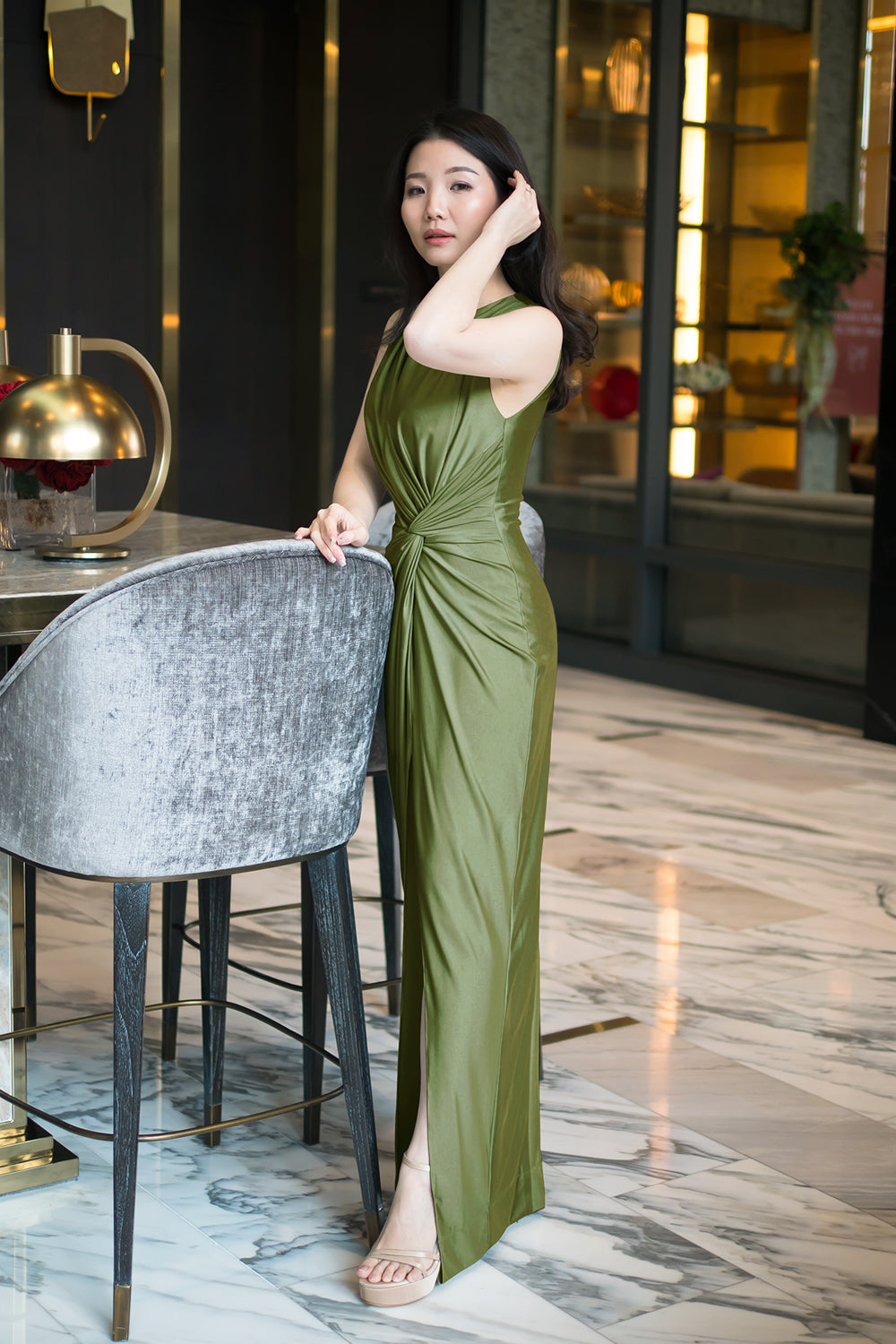 model in dark olive green boat neck spandex bridesmaid dress