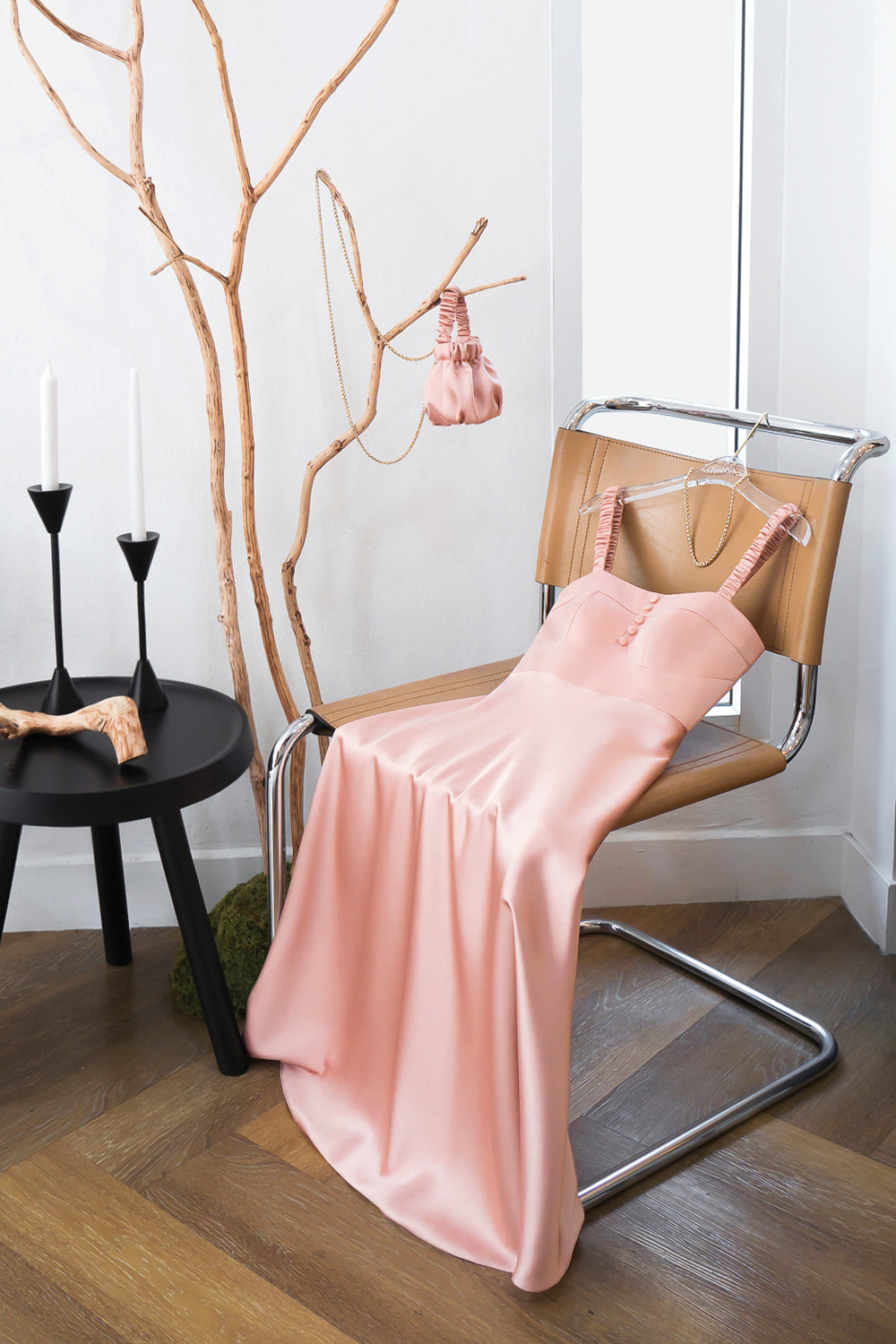 a pink bustier-inspired midi dress