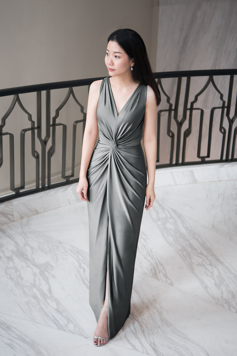 model in dark gray sleeveless v neck spandex evening dress